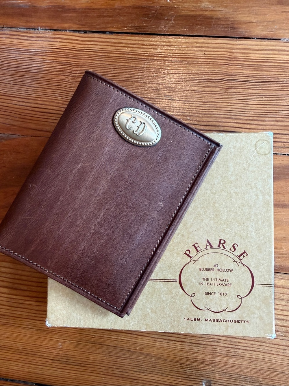 Vintage Brown Leather Wallet with Monogram Plate